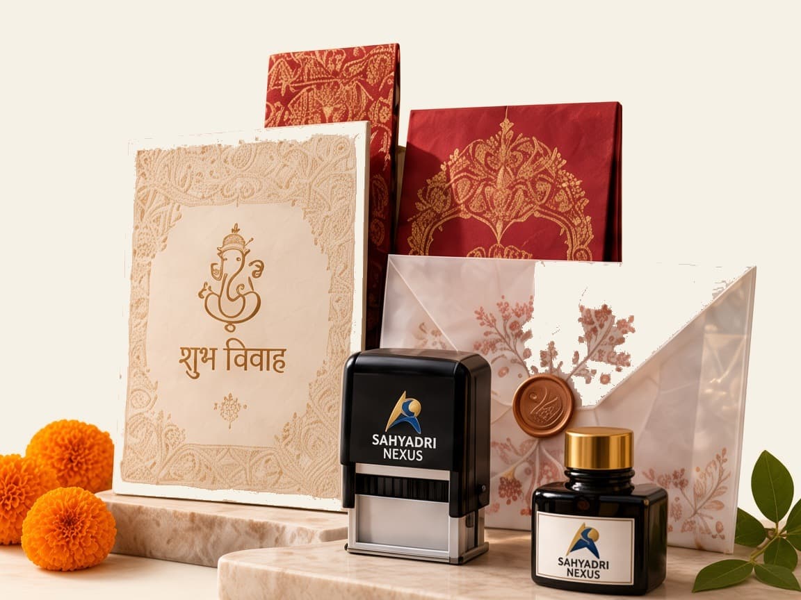 Cream शुभ विवाह card, burgundy invitations, a black self-inking stamp, ink, a wax seal, and marigolds on ivory stone.